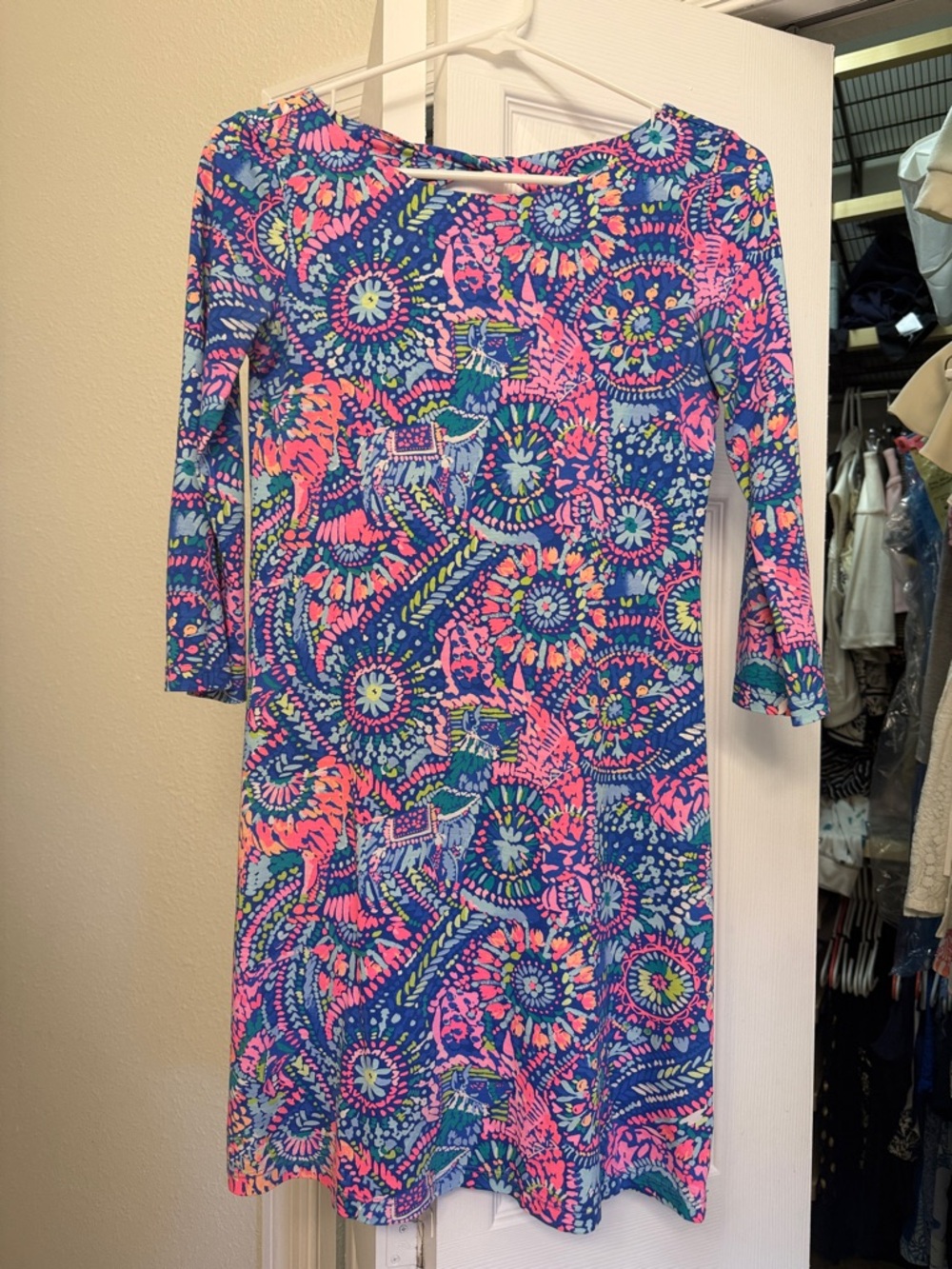 Lilly Pulitzer Blue & Pink Floral Boatneck Mid Length Dress